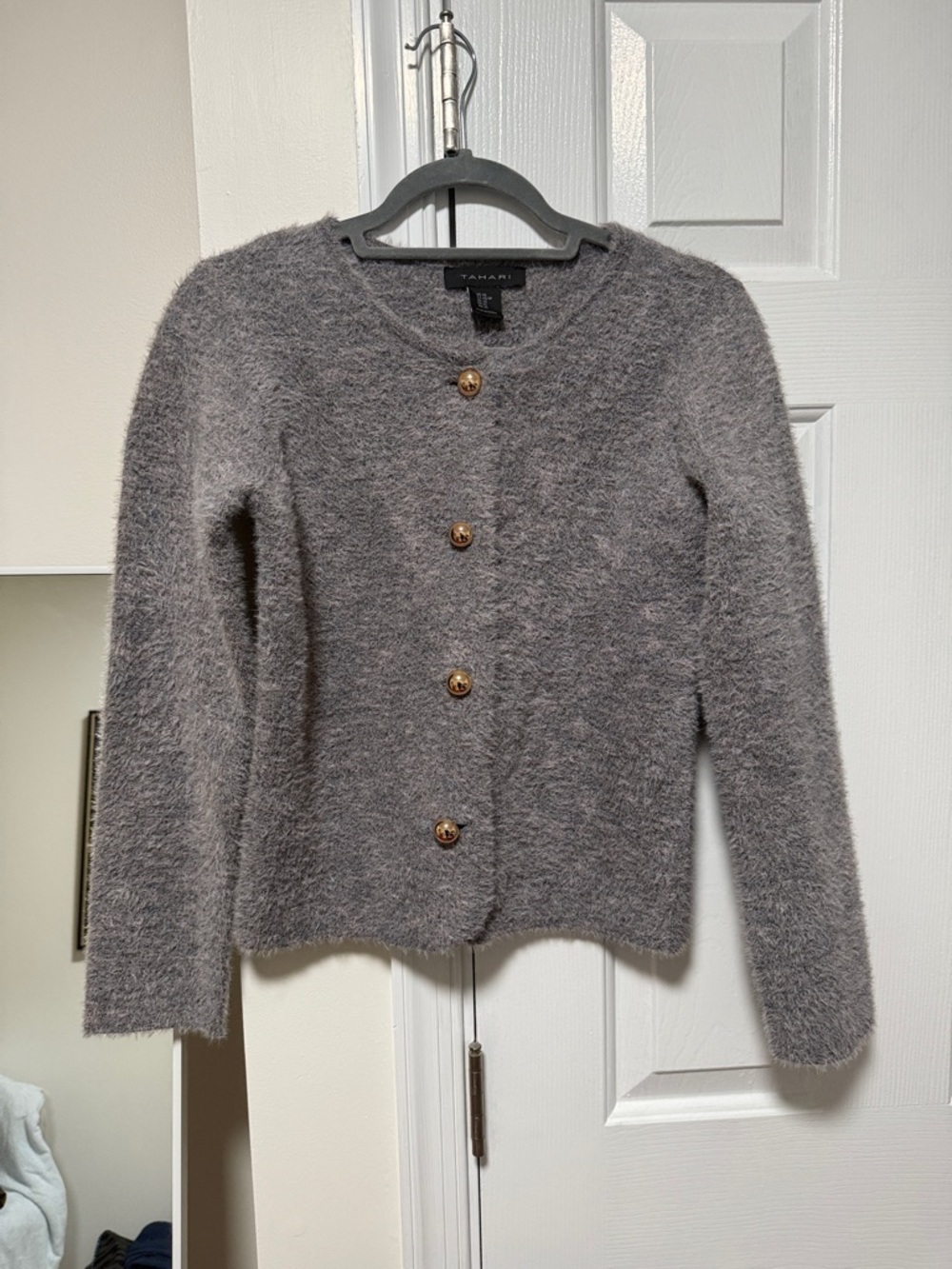 Tahari Gray Fuzzy Knit Cardigan with Gold Buttons